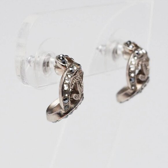 Chanel Silver Metal Strass/Black Crystal Mini CC Earrings - Picture 3 of 7